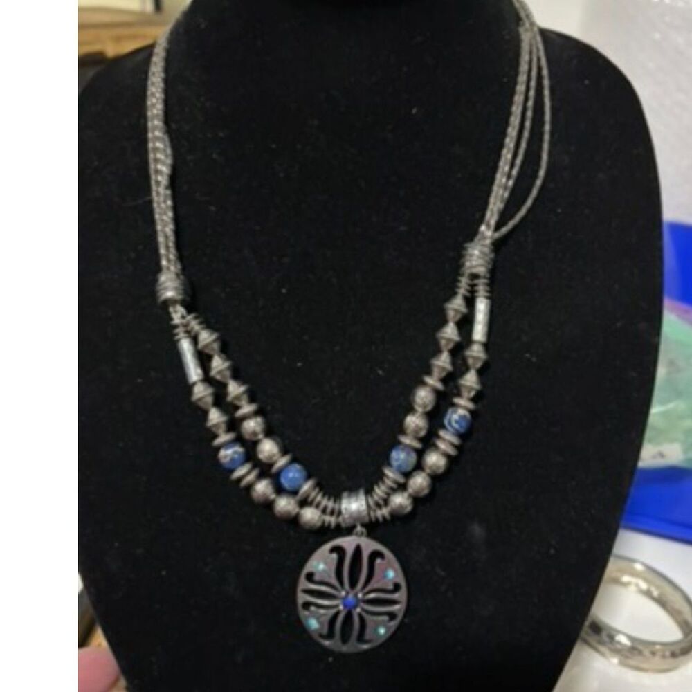 vtg ruby rd multi strand silver tone necklace with bead accents and pendant